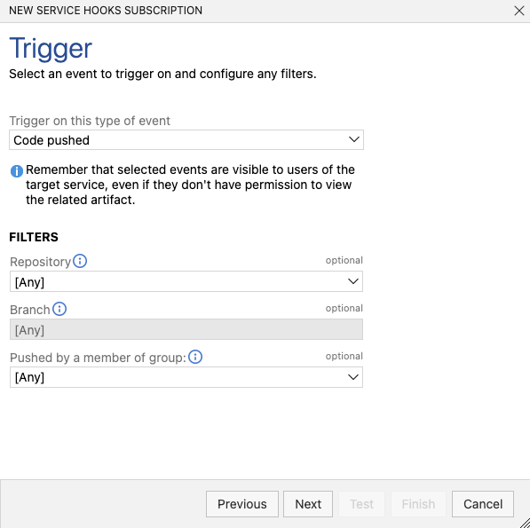 Example of creating a new trigger to push events in Azure Devops Example of creating a new trigger to push events in Azure Devops